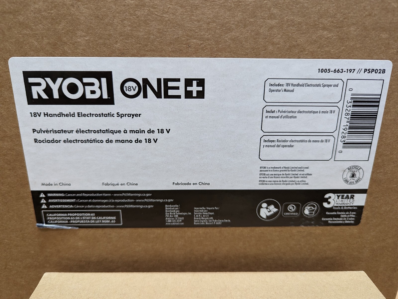 PSP02B RYOBI ONE+ 18V Cordless Handheld Electrostatic Sprayer & 2 Tanks A95102