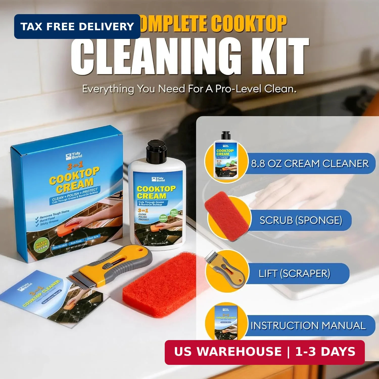 Glass Cooktop Cleaner & Polish Kit – Heavy Duty Stove Top Cleaner with Scraper &