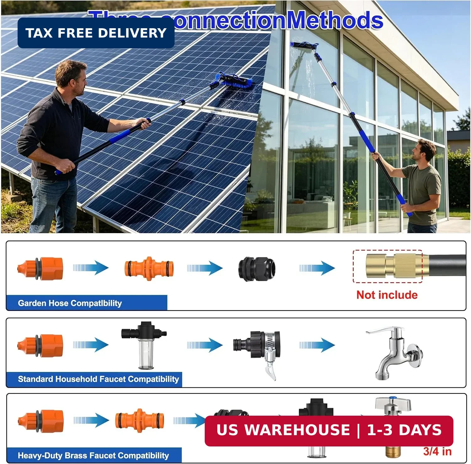 30FT Reach Solar Panel Cleaning Brush Kit with 5-24FT Telescoping Pole, 40FT Hos