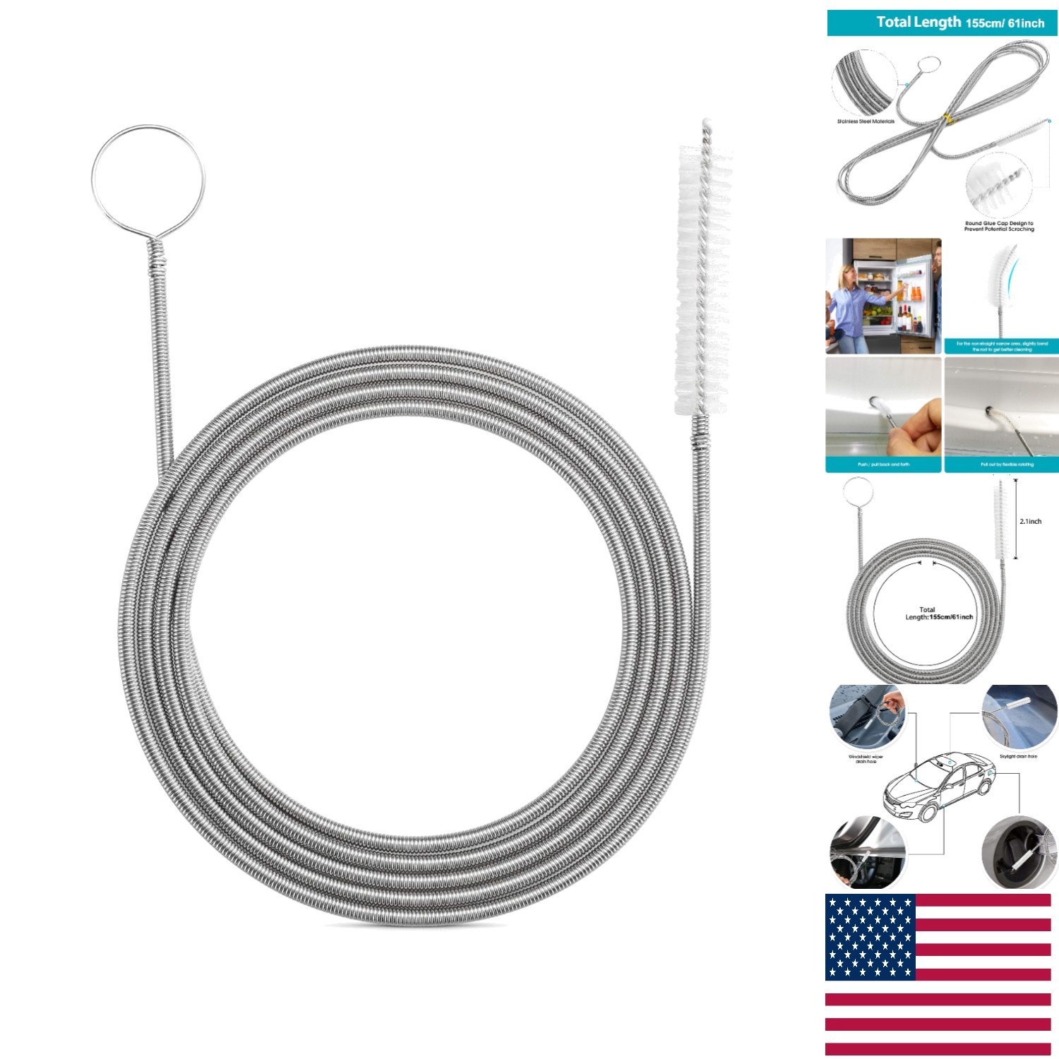 61 Inch Flexible Drain Brush – Soft Nylon Bristles for Safe Pipe Cleaning