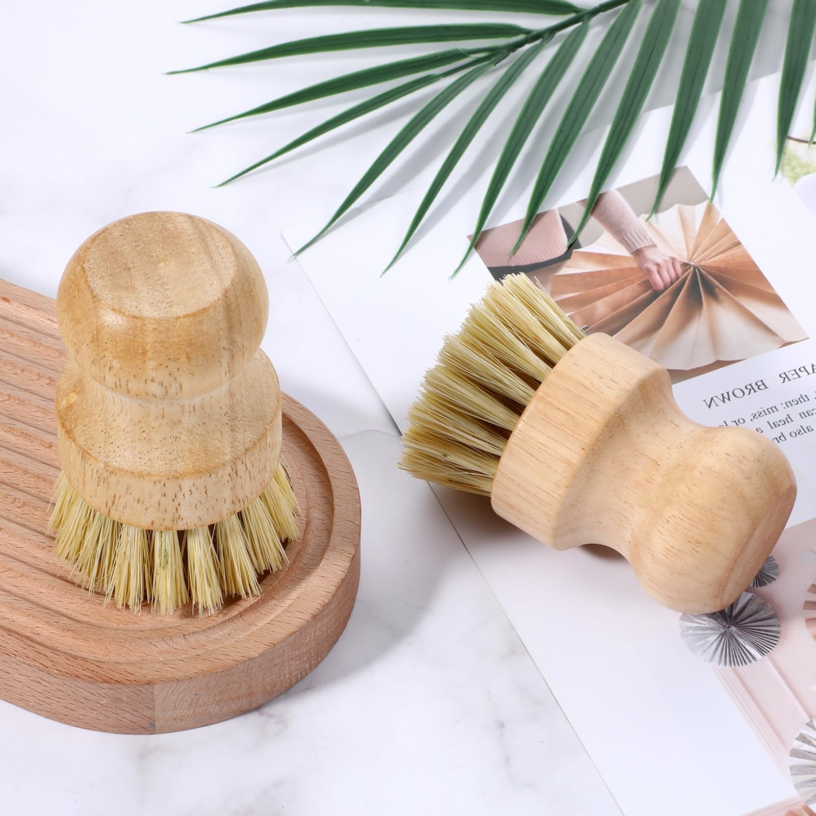 10 Pcs Dish Scrub Brush Set, Mini Natural Wooden Scrubbers Set Round Dish Bru…