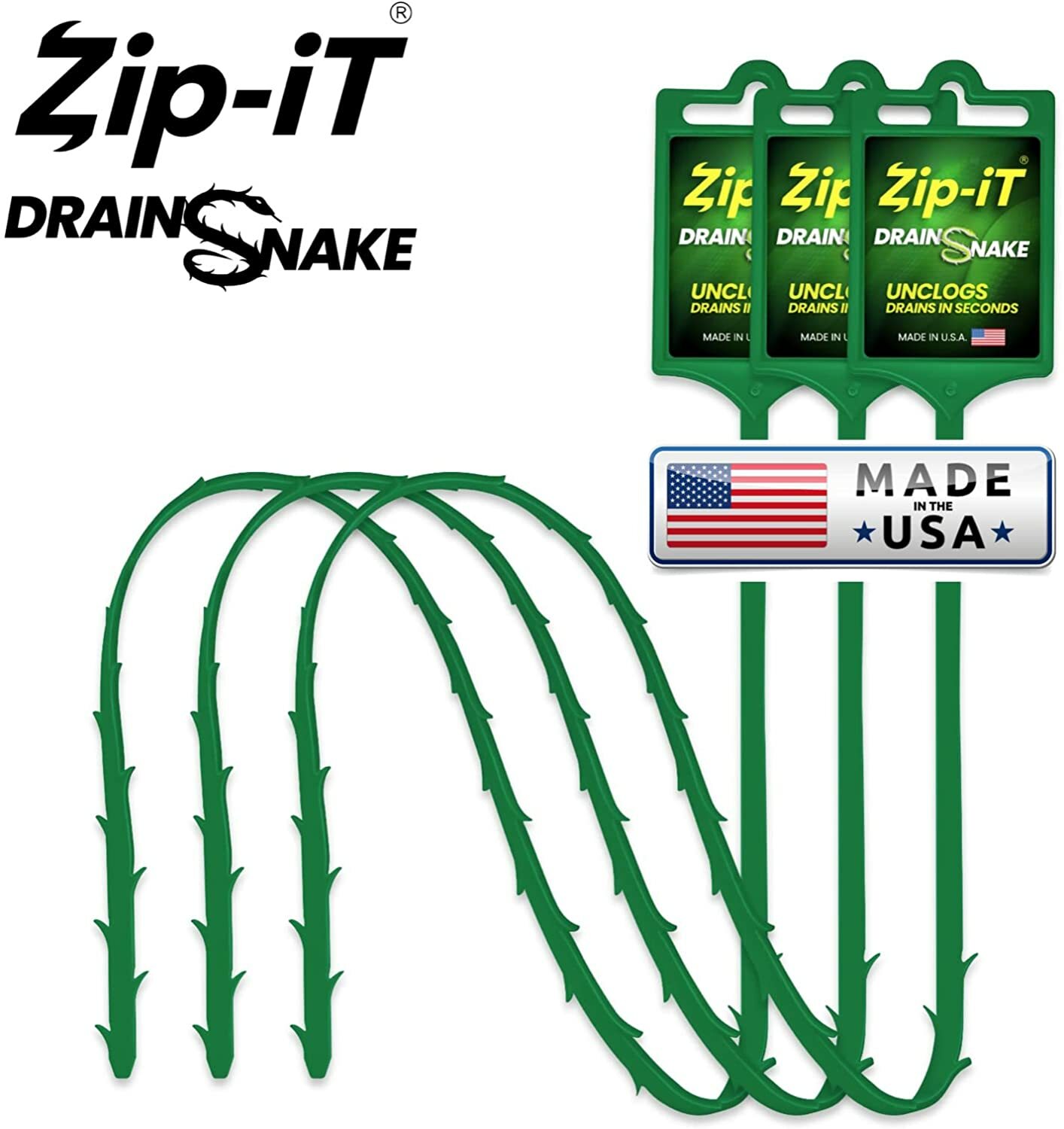 ZIP IT DRAIN CLEANER, 3-Pack Plastic Drain Stick Hair Clog Remover, drain snake