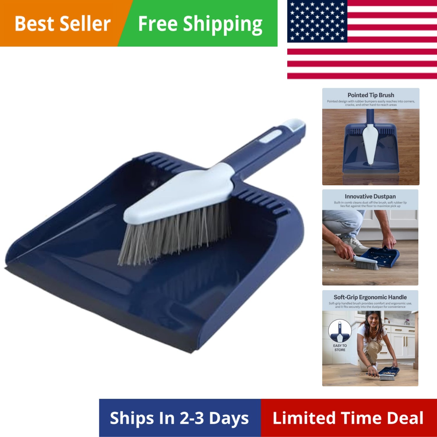 Wayclean Handheld Angled, Medium, Grey Dustpan and Brush Set, Green and Taupe