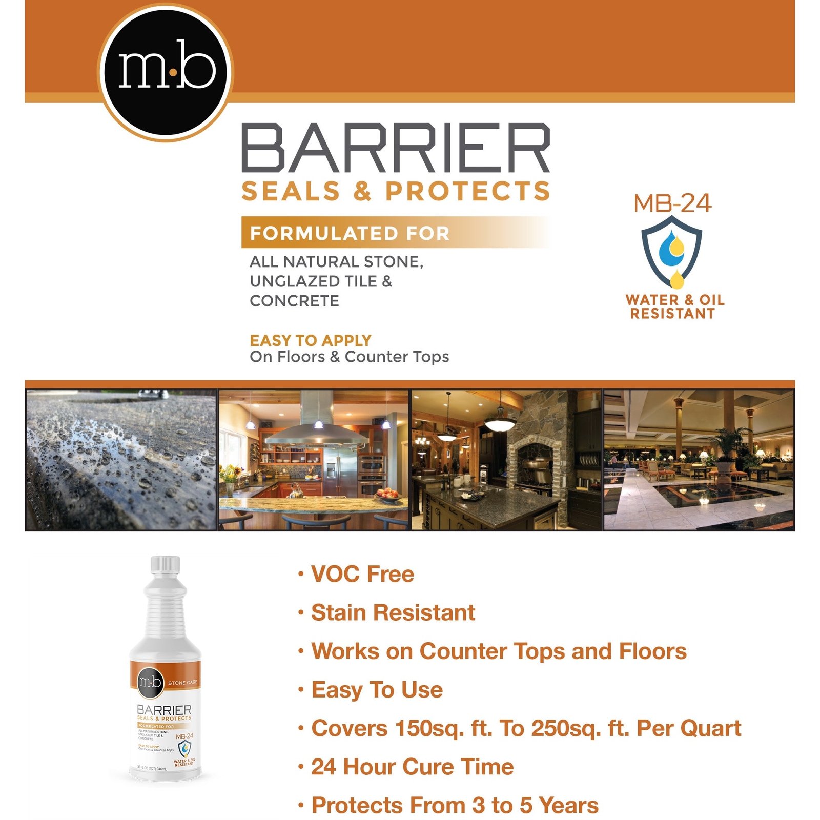 MB Stone Care Barrier Sealer Kit – MB-24 Barrier, Applicator Pad, and 2 Towels