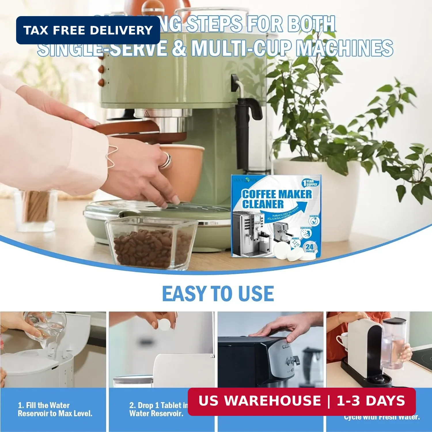 24-Pack Coffee Machine Cleaner Descaler Tablets, Descaling & Deep Cleaning Tabs