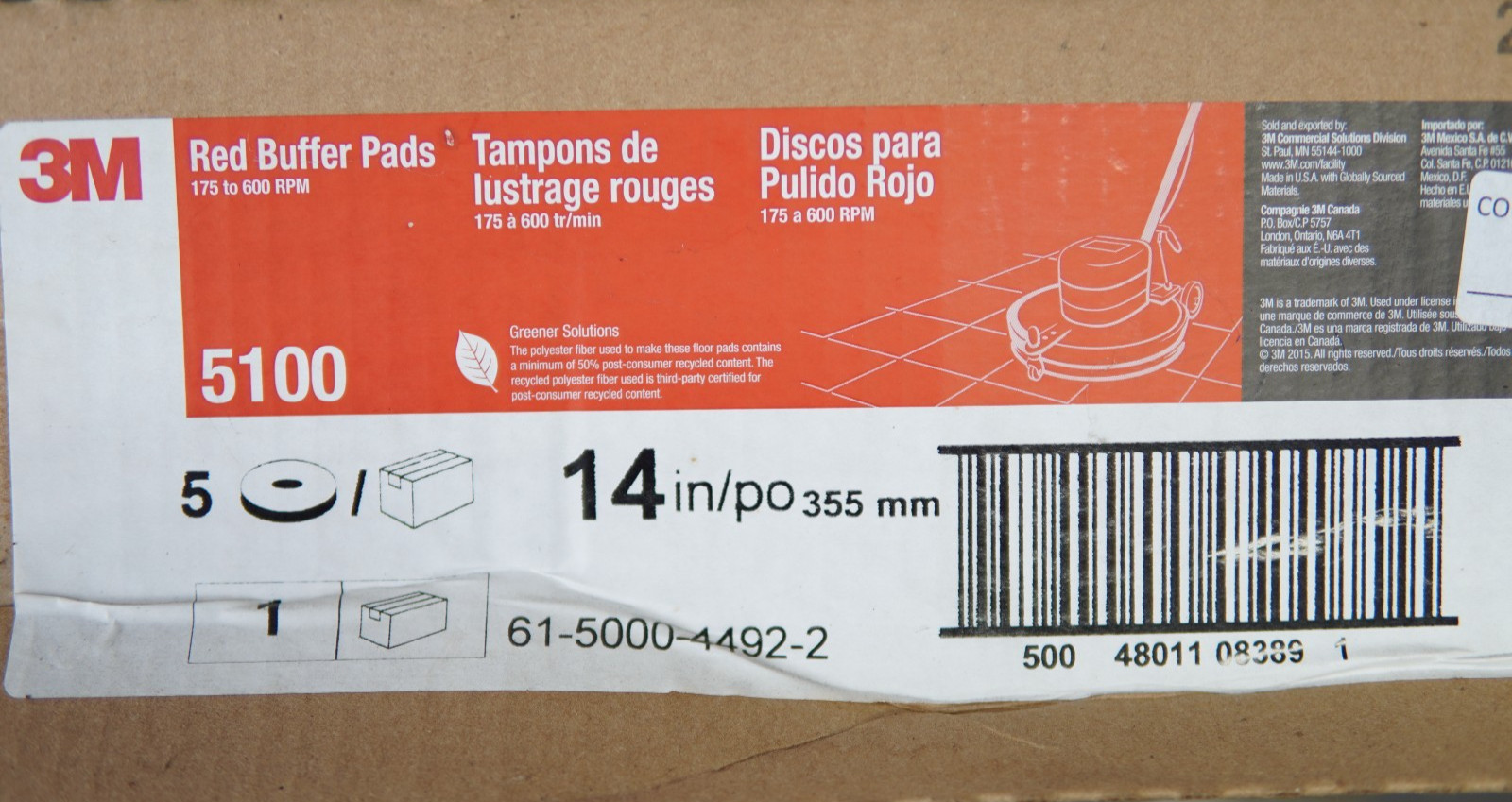 5-Pack 3M 5100 14in Red Buffer Pads 3-1/4” Center Hole
