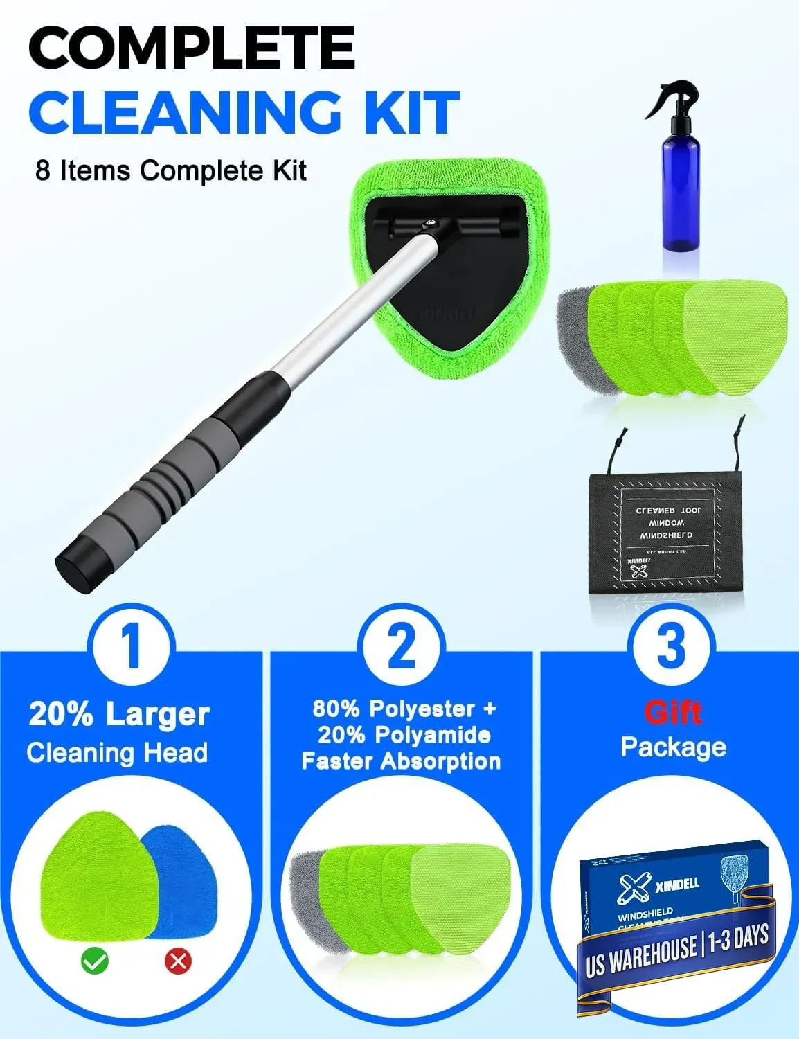 XINDELL Windshield Cleaner Tool – Car Interior Window Cleaning Kit with Extendab