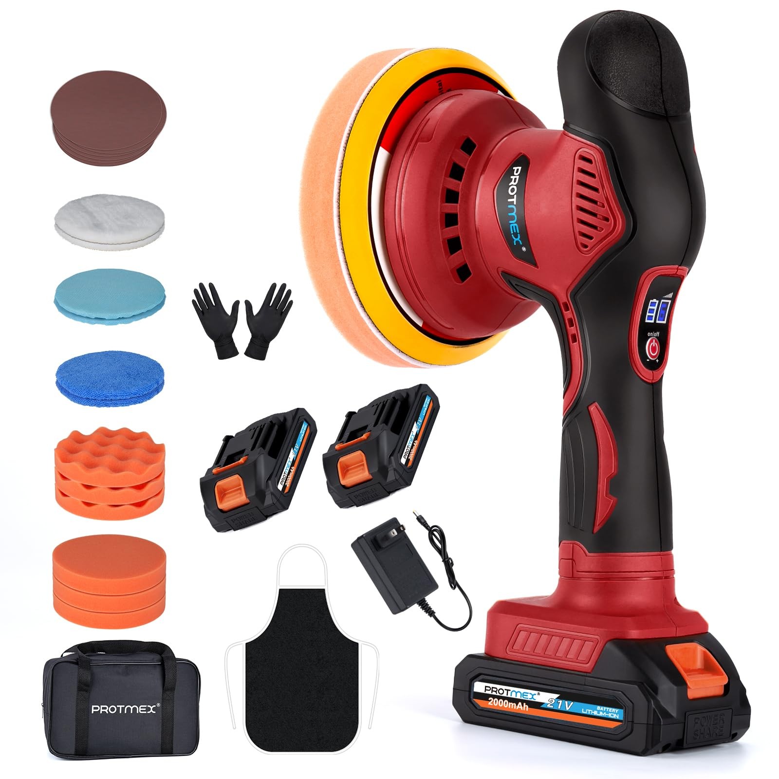 Cordless Car Buffer Polisher Kit with 2 Batteries, 18 Attachments & 6 Speeds