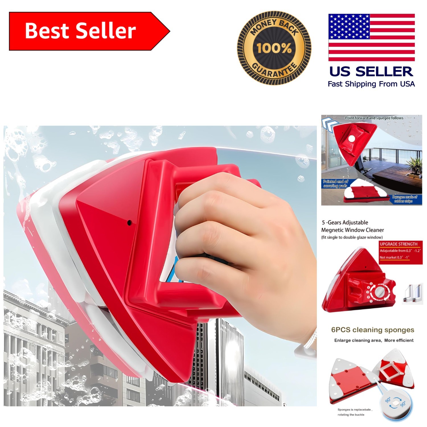 Magnetic Double-Sided Glass Cleaner with Scouring Pads – Red Modern Design