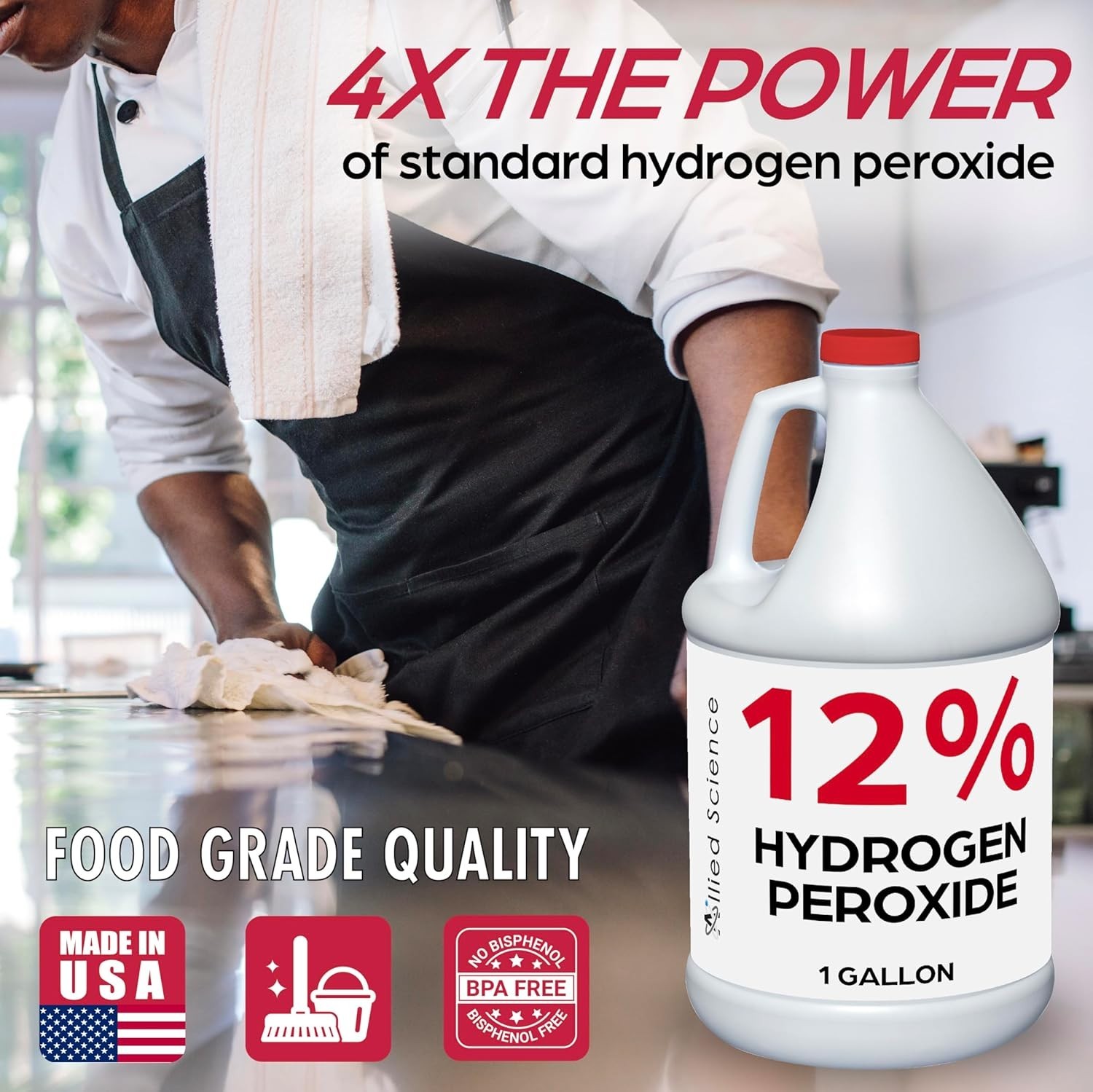 Allied Science 12% Food Grade Hydrogen Peroxide, 4X Stronger – 4 Gallons