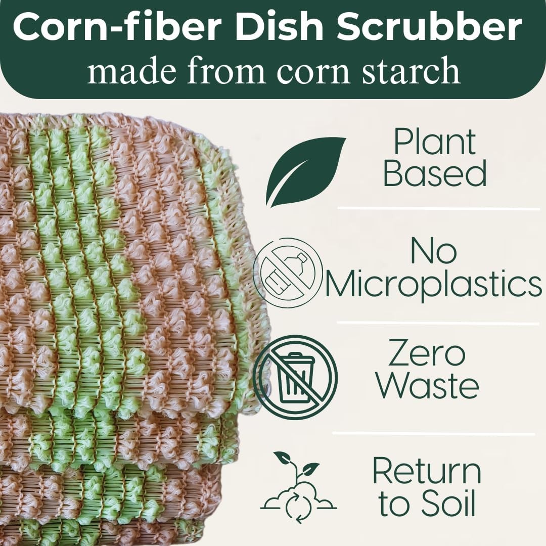 Plant-Based Dish Scrubber [10 Pack] – Non-Scratch Corn Scourer, Odor-Kitchen