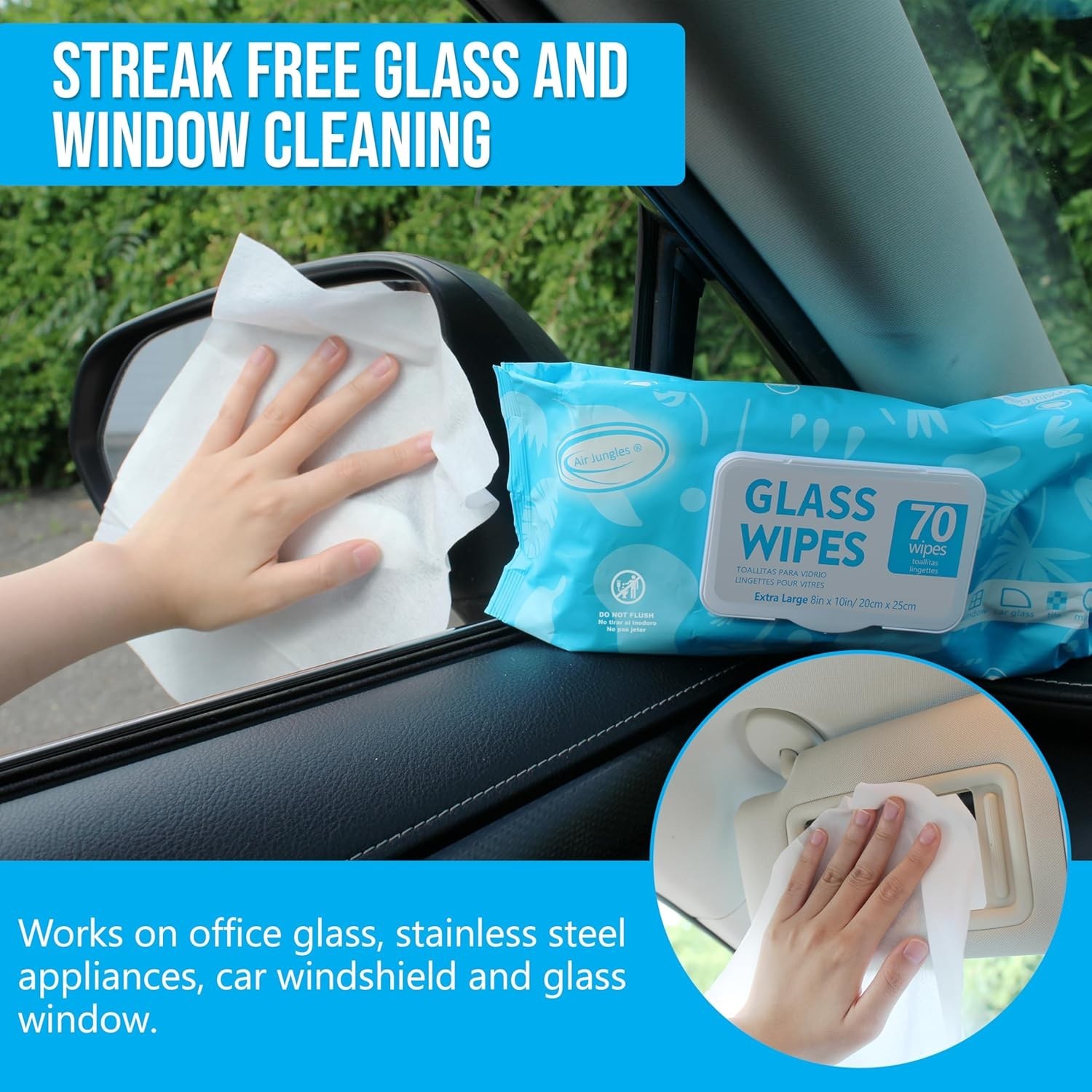 New Glass Window Cleaner Wipes 70 Count XL 8 x 10 In Ammonia Free Removes New