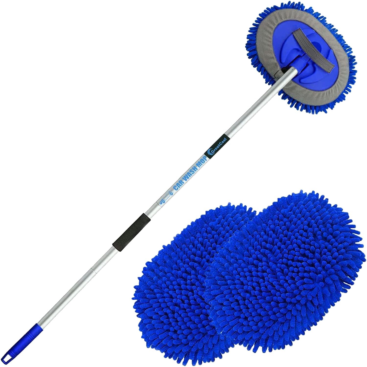 62″ Car Wash Brush Mop Kit Long Handle 2 1 Chenille Microfiber Sponge Mitt Blue