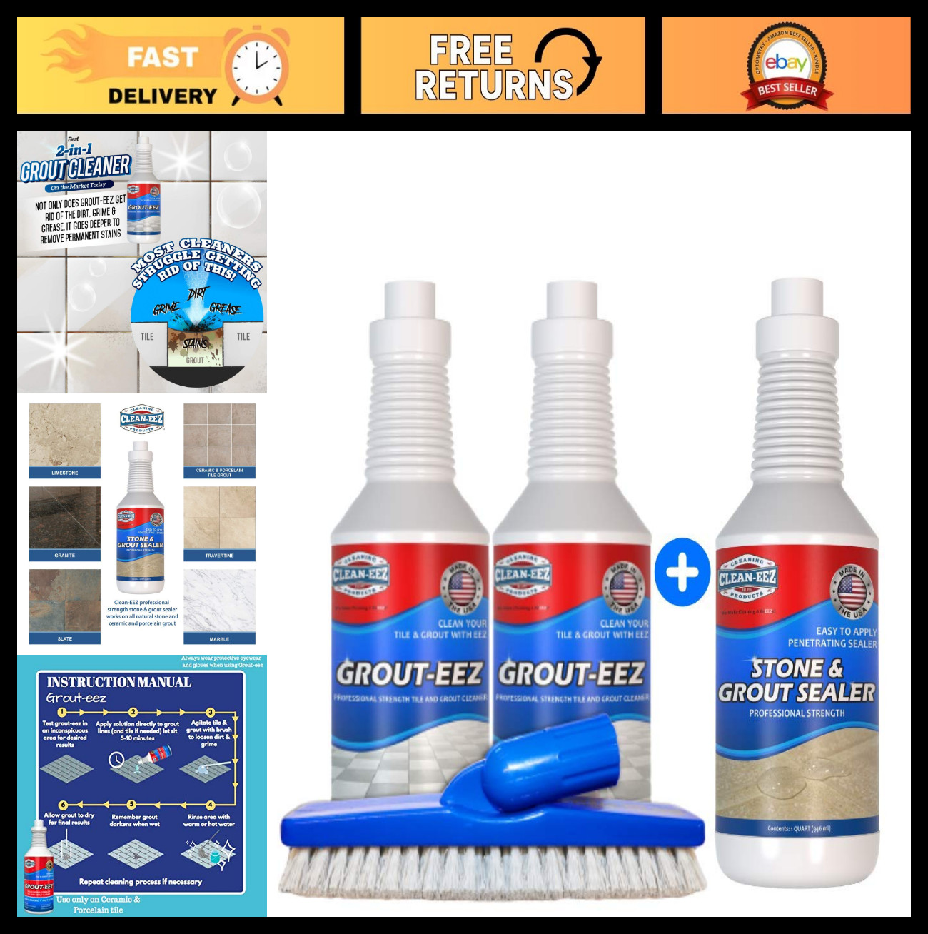 2-in-1 Grout Cleaner & Sealer Bundle – Tile & Grout Brush for Deep Cleaning & Pr