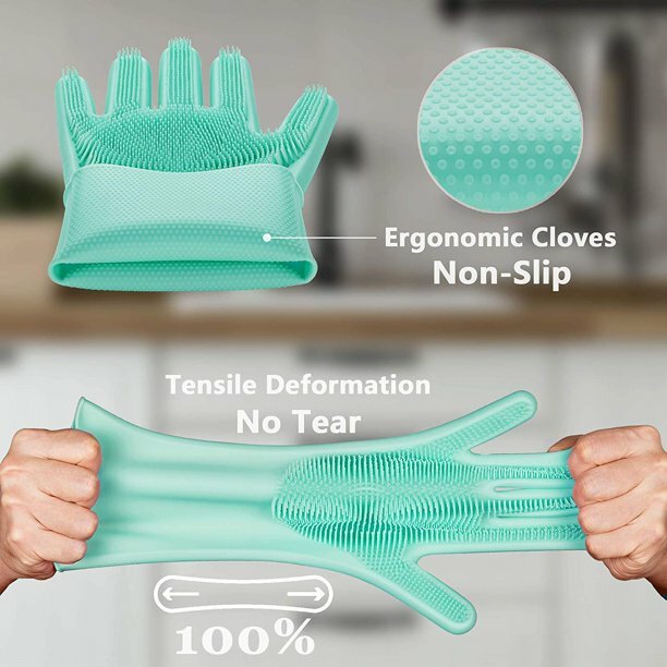 Cleaning Scrubber, Magic Rubber Heat Resistant Reusable Silicone Gloves,1 Pair