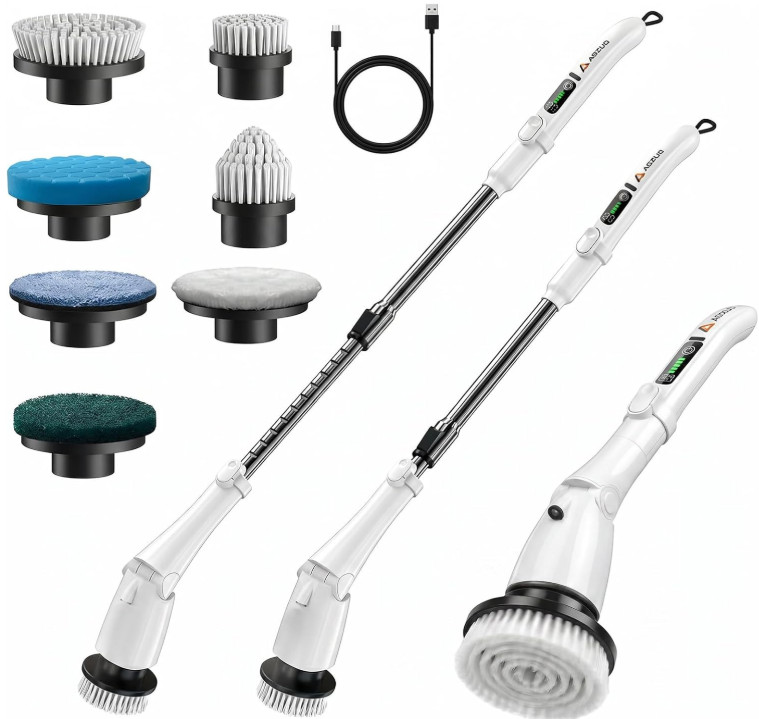 Cepillo Eléctrico Giratorio con Luz LED, 7 Cabezales y Mango Extensible