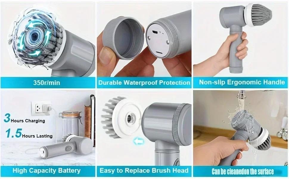 Electric Spin Scrubber Cordless Power Cleaning Brush 5 Replaceable Heads