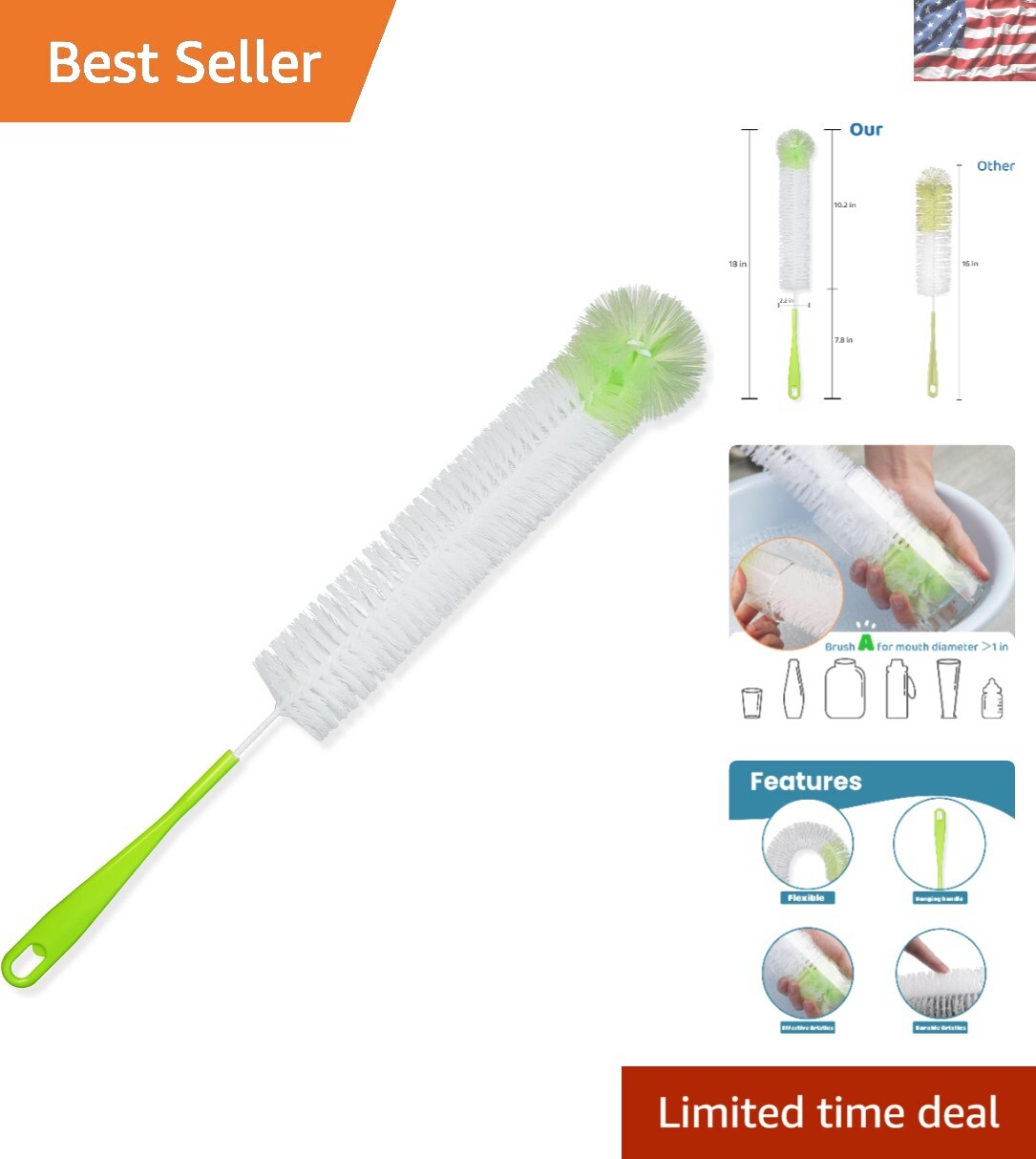 Powerful 18-Inch Bottle Cleaner – Extra-Wide 2.5” Brush for All Bottle Types