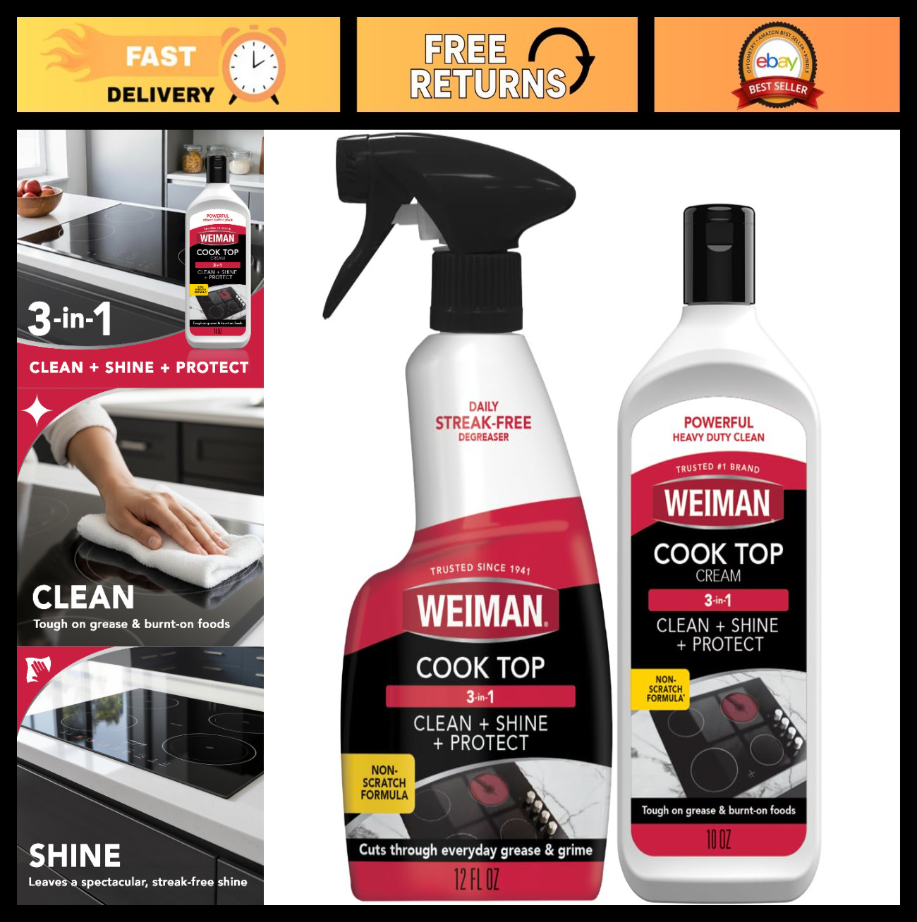 Ceramic & Glass Cooktop Cleaner Kit – Heavy Duty 10oz & 12oz Bundle for Inductio
