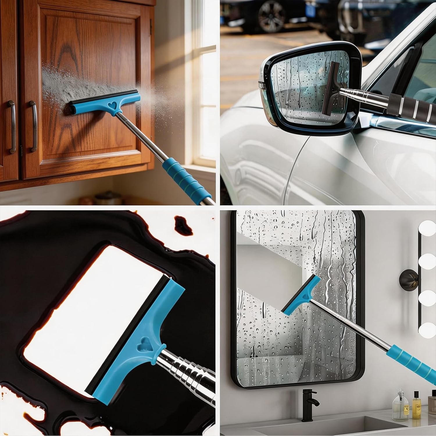 4 Pack All-Purpose Car Rearview Side Mirror Squeegee with Retractable Handle for