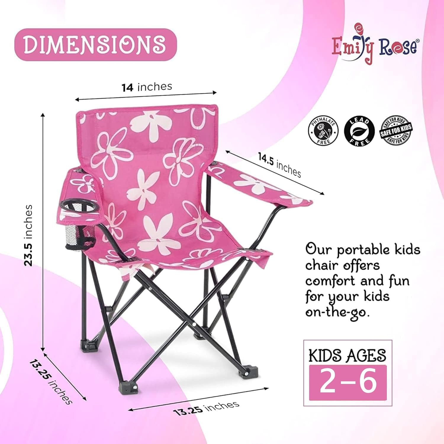 Kids Folding Chair | USA Company | Pink Kid Beach Chair with Safety Lock- Campin