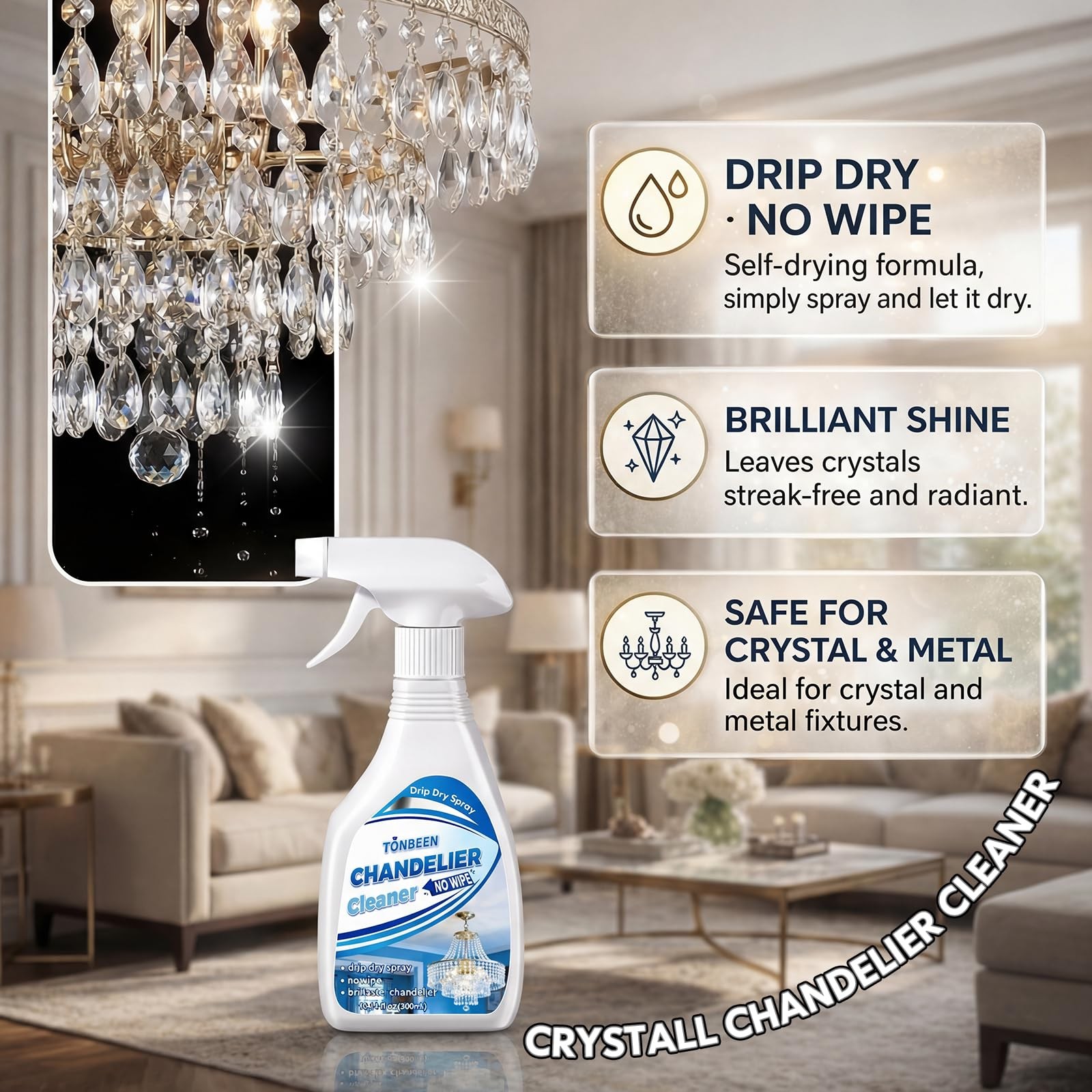 Crystal Chandelier Cleaner Drip Dry Spray – No Wipe Streak Free Dust Remover …
