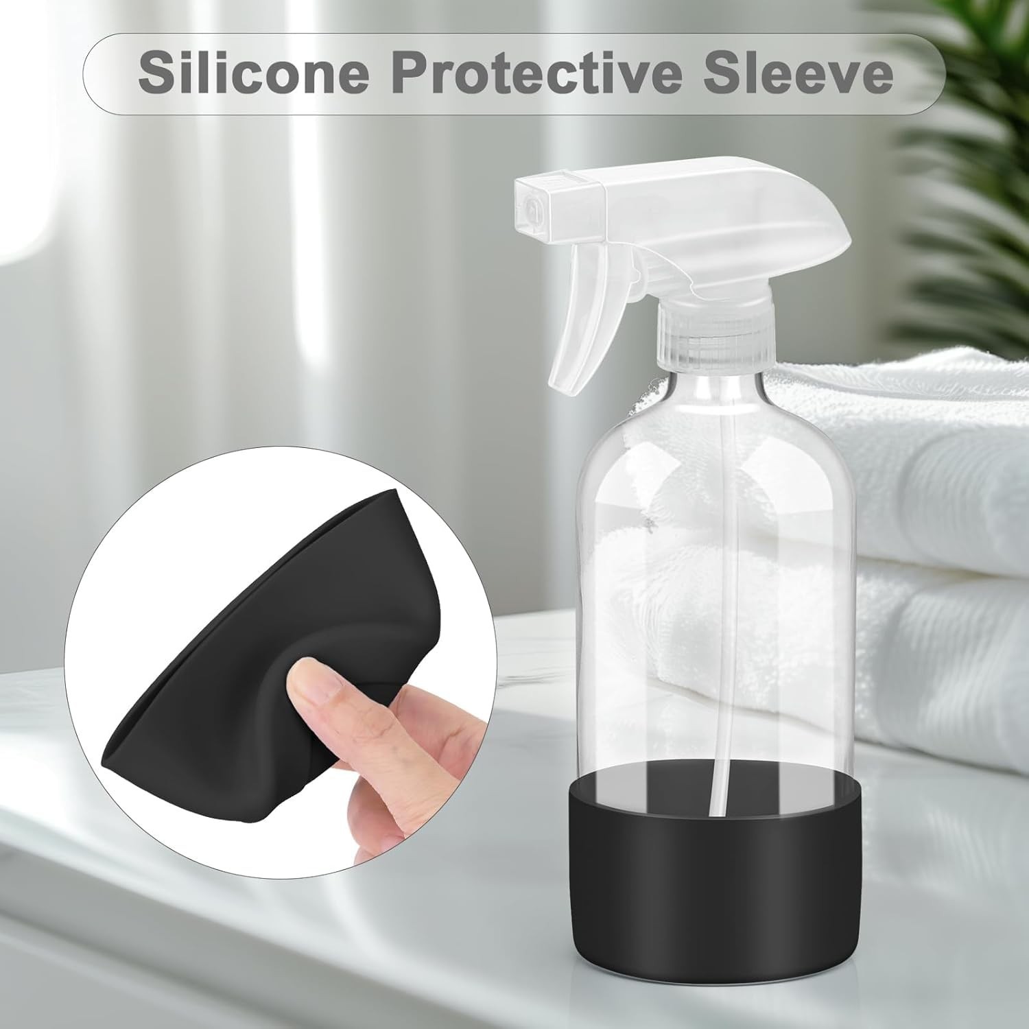 2 Pack 16 oz Glass Spray Bottles with Silicone Sleeve, Adjustable Nozzles for Ha