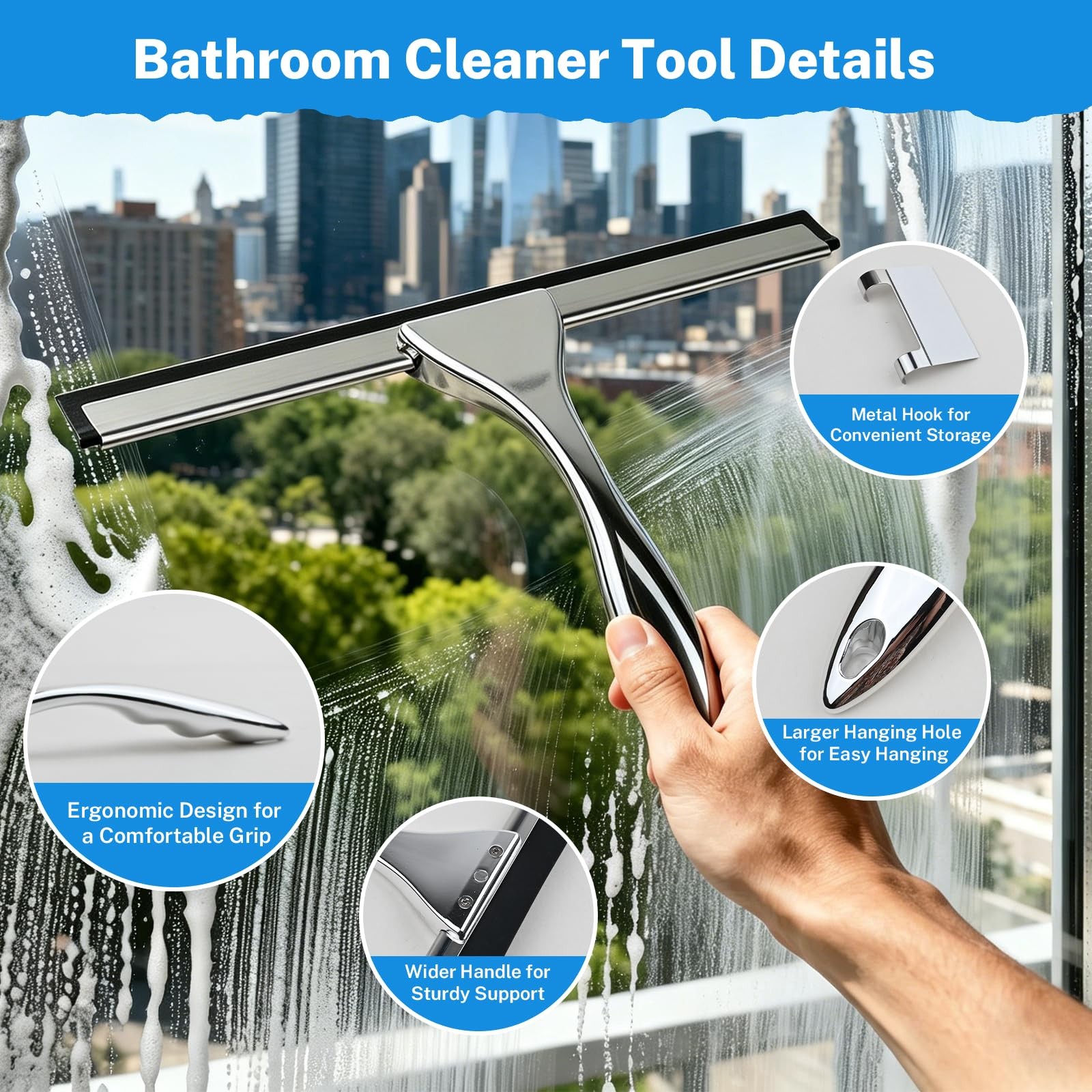 All-Purpose Stainless Steel Squeegee, 10 Inch Silver Shower Squeegee with 1 A…