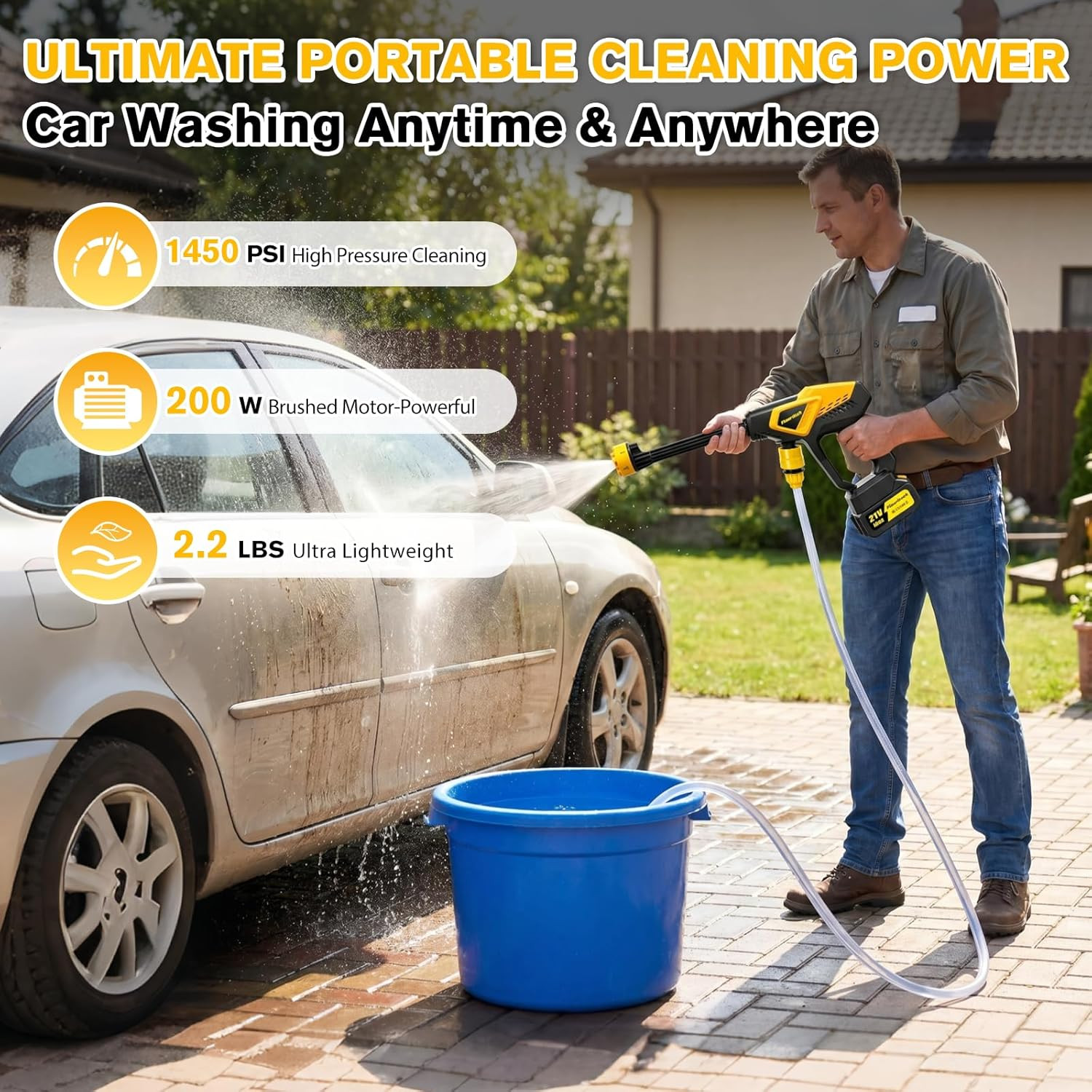 Cordless Portable Pressure Washer 6-in-1 Nozzle Foam Cannon Handheld Car Cleaner