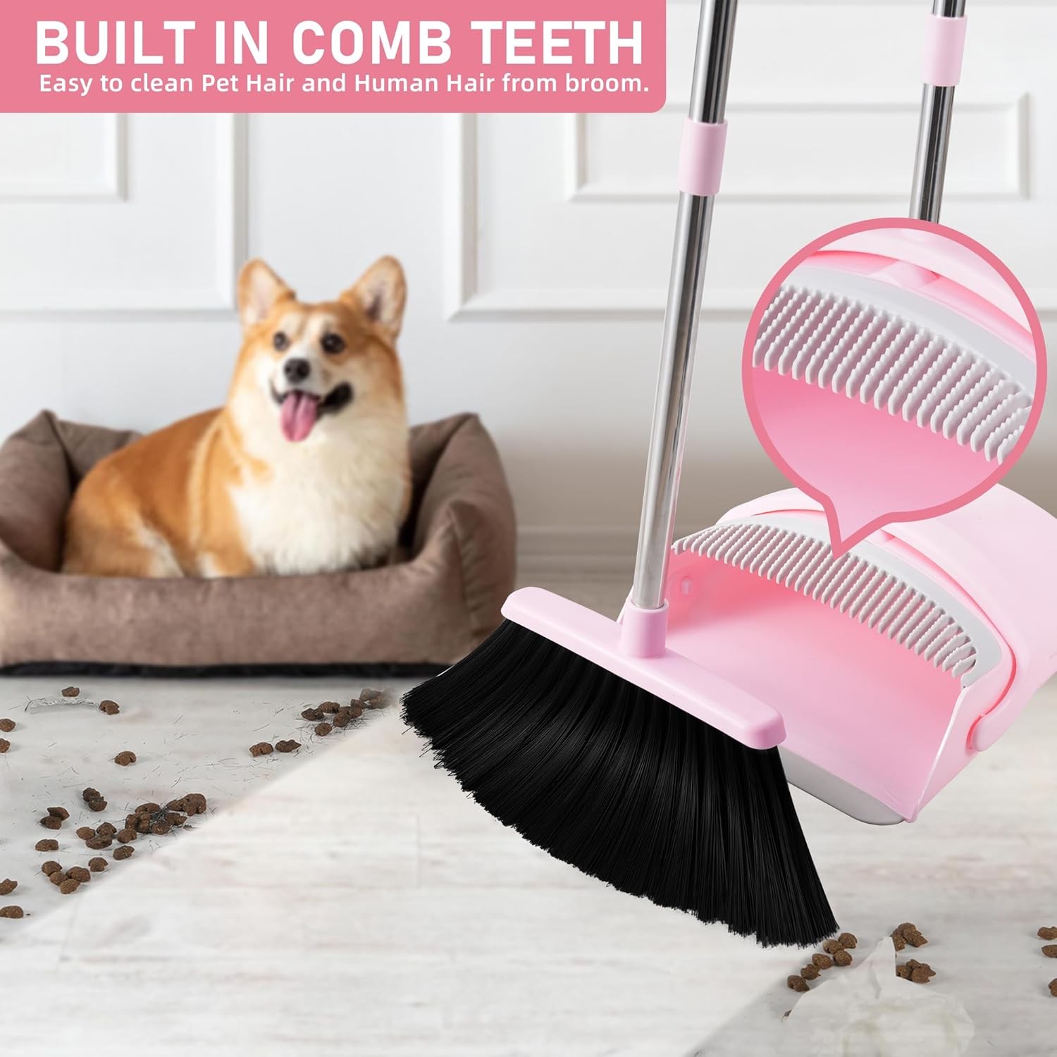 Broom and Dustpan Set for Home, 52-in Long Adjustable Handle Angle