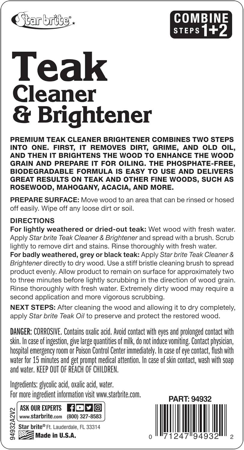 Teak Cleaner & Brightener, Restore Weathered Wood, 32Oz (094932)