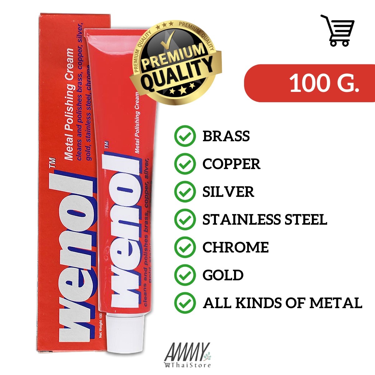 WENOL Polish Metal Brass Copper Silver Stainless Steel Chrome Cleans 100g