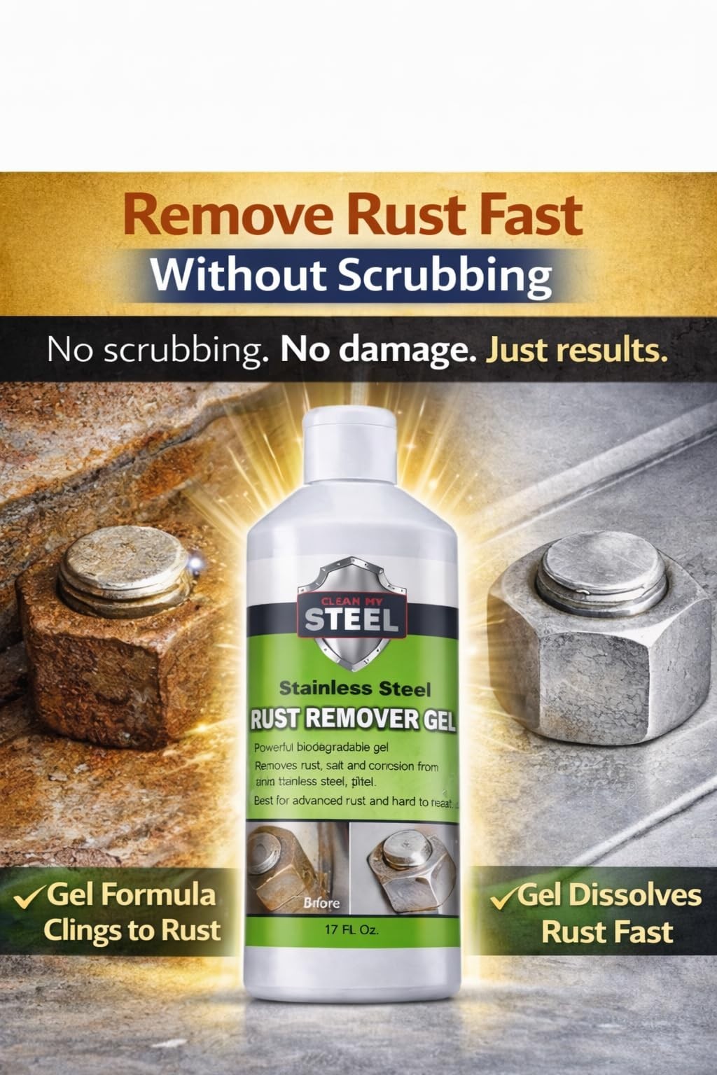 Industrial Heavy-Duty Rust Stain Remover Gel for Metal & Stainless Steel – No Sc