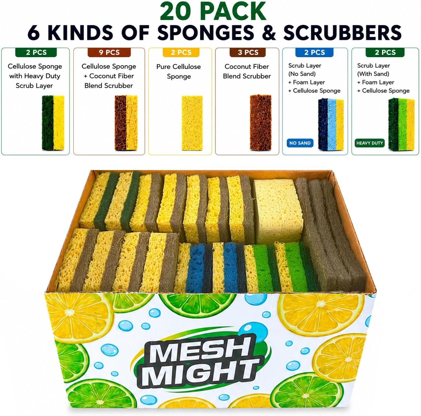 Kitchen Sponges, 20 Count, Plant-Based Cellulose + PET Scrub Sponge Set, Scratch