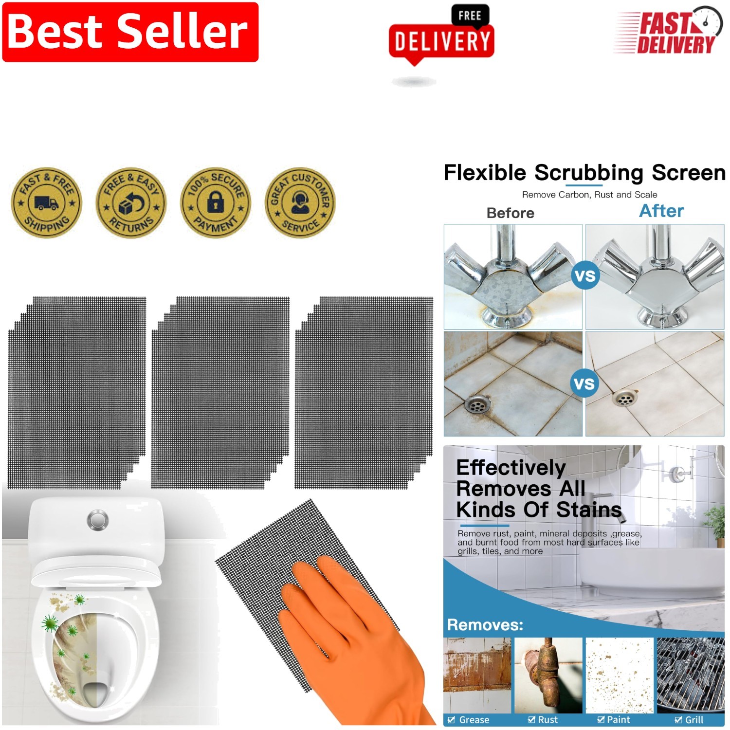 Silicon Carbide Cleaning Mesh Pads – 15 PCS for Hard Water and Rust Removal