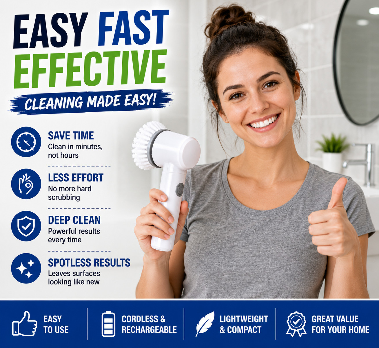 Electric Spin Scrubber Cordless Cleaning Brush Bathroom Kitchen Tile Grout
