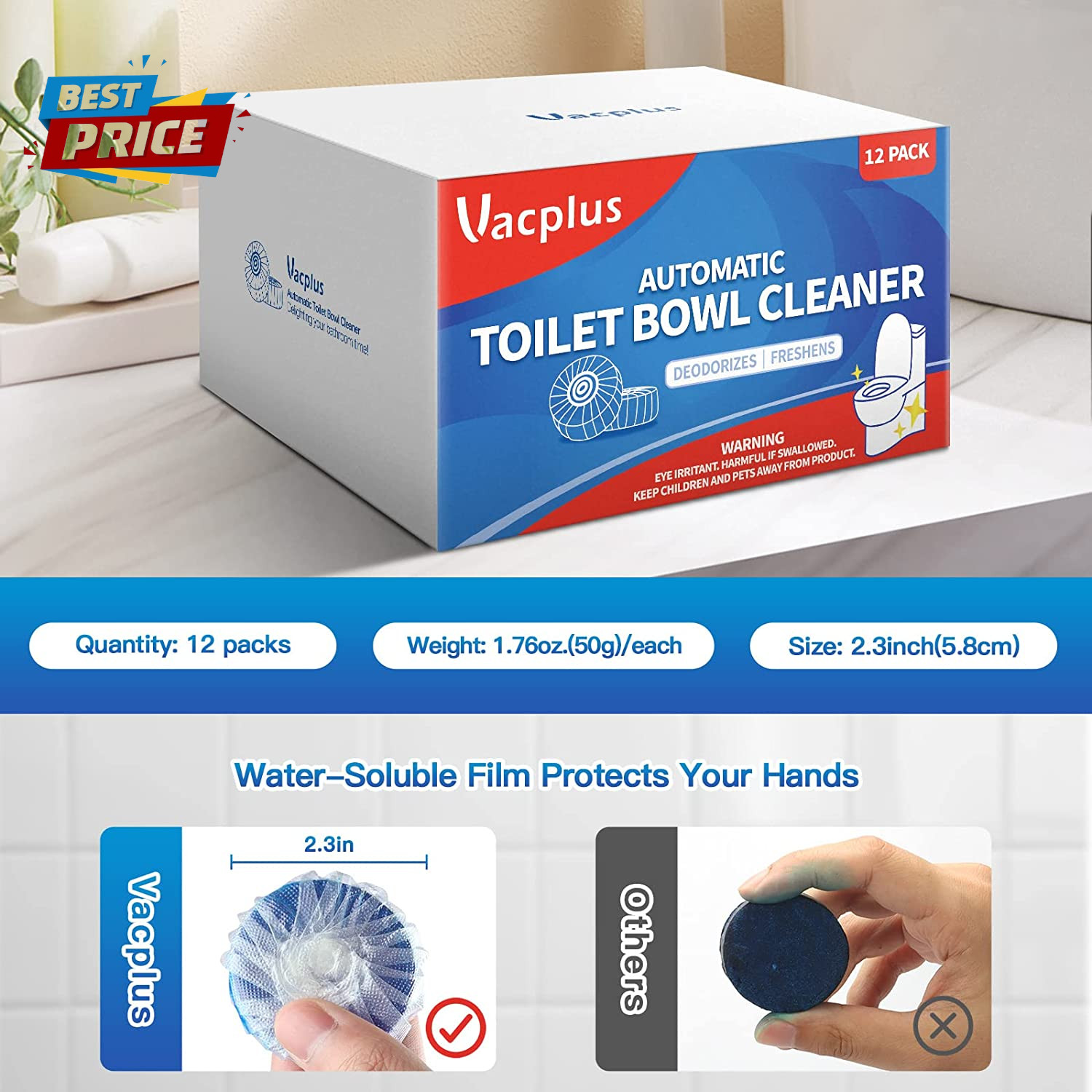 Automatic Toilet Bowl Cleaner Tablets, Bathroom Toilet Tank Cleaner (12 PACK), V