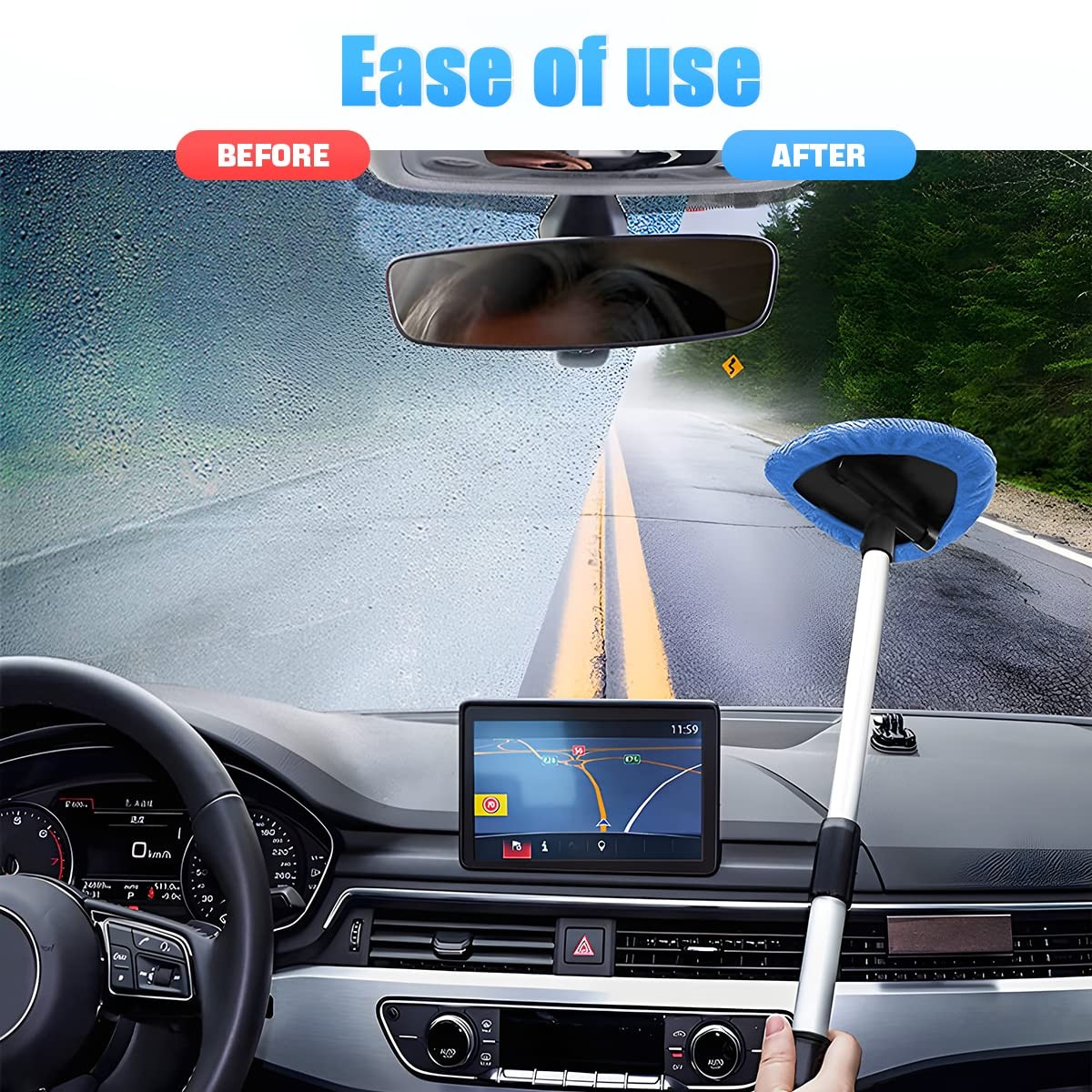 Car Window Cleaner with Extendable Handle & 4 Reusable Microfiber Pads