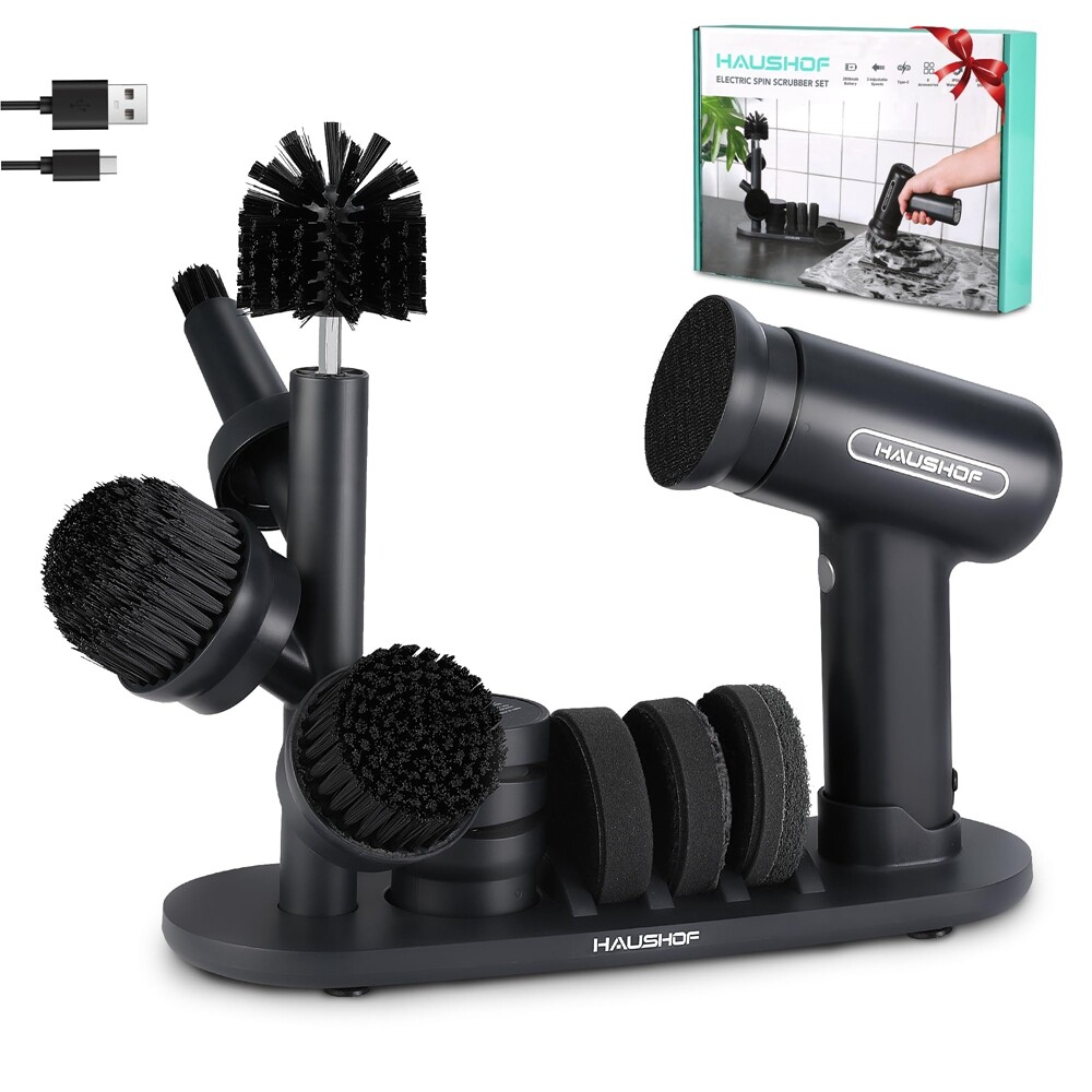 HAUSHOF Cordless Cleaning Brush Electric Spin Scrubber 8 Cleaning Heads 3 Speeds
