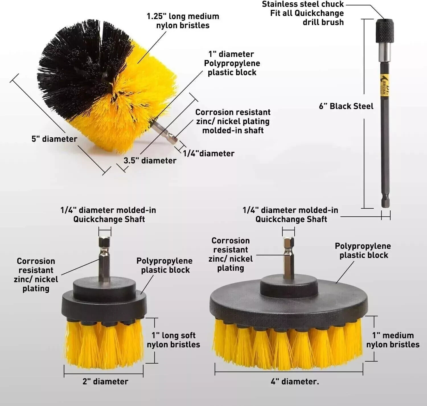 Drill Brush Set 4 Piece (Yellow) with 6″ Extension – Fast Free Shipping