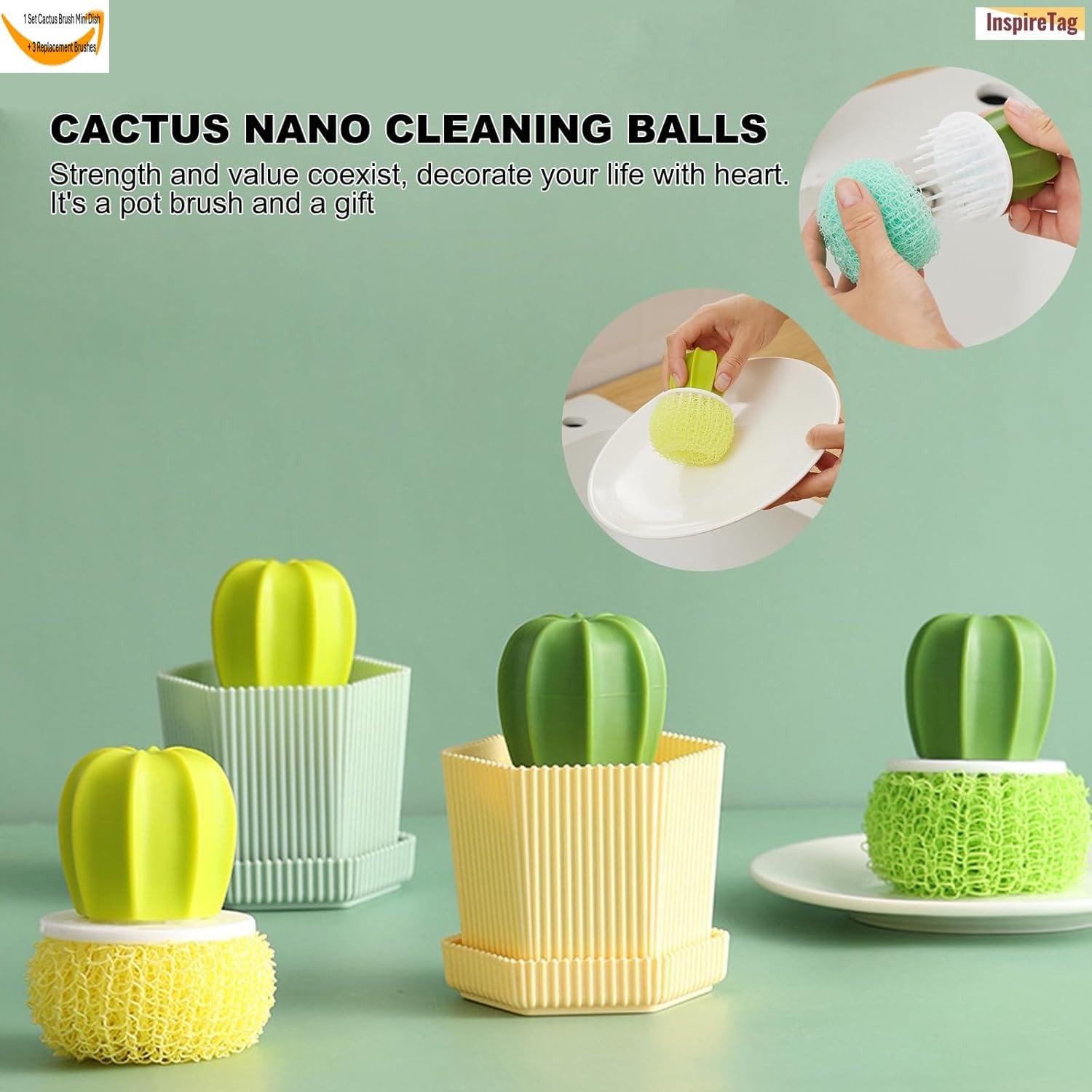 INSPIRETAG Kitchen Cleaning Brush Set with Holder & Drip Tray – 3 Head Cactus…