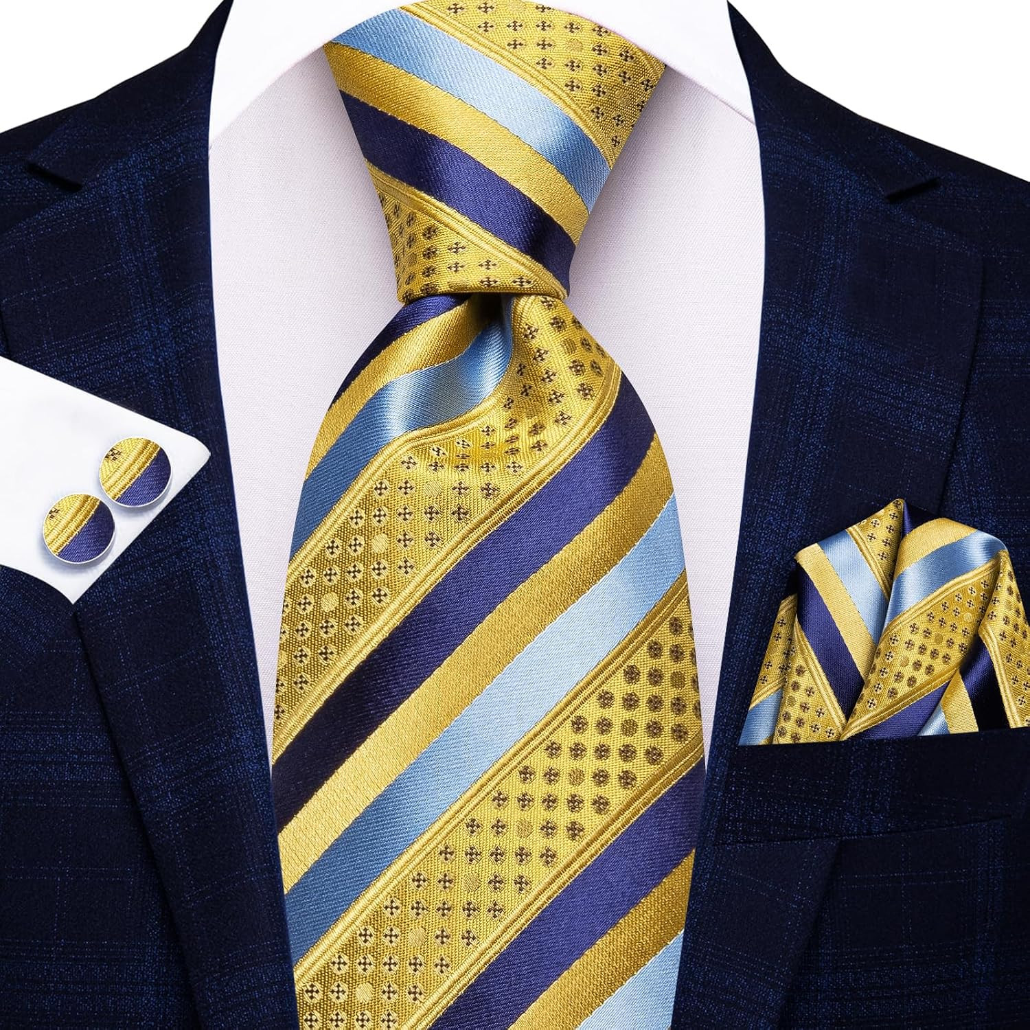 Mens Plaid Ties Classic Paisley Necktie with Handkerchief Cufflinks Set Business