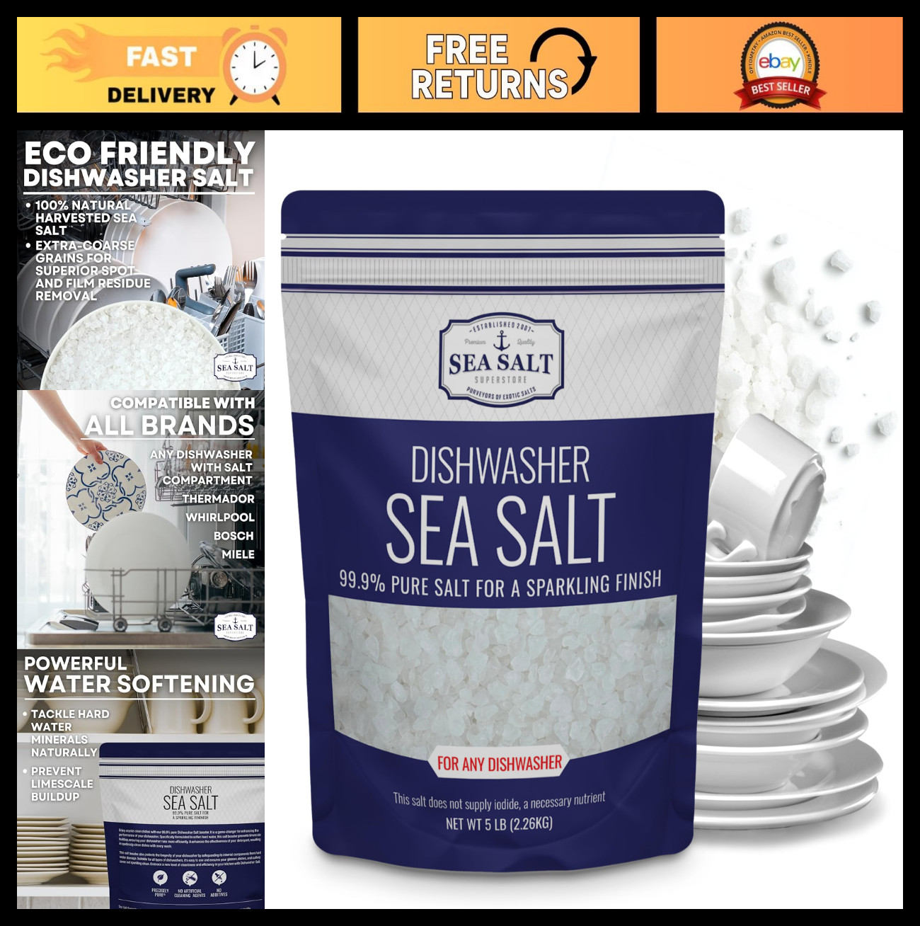 Natural Dishwasher Salt – Food Grade Coarse Sea Salt, Water Softener, 5 lb Bag