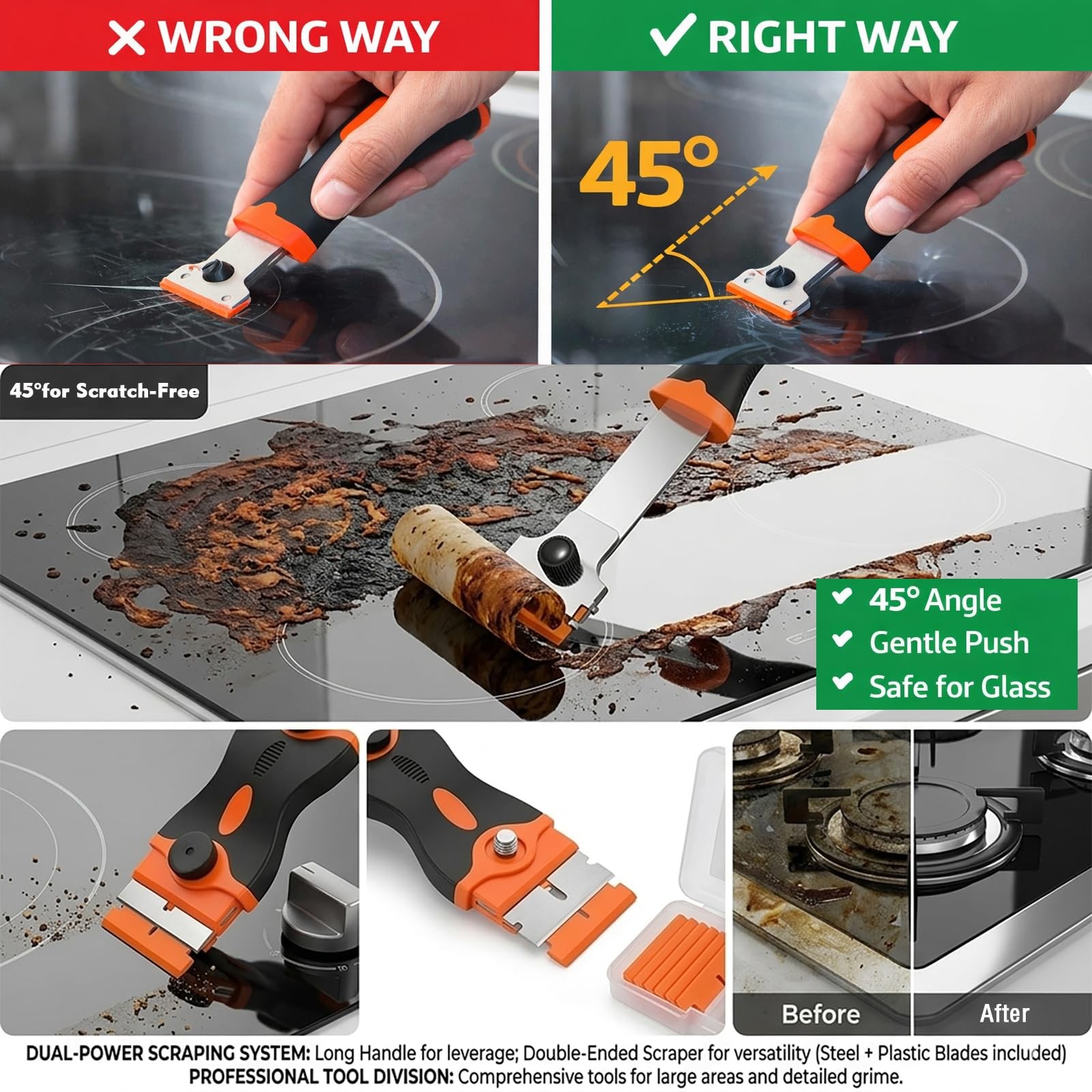 Glass Cooktop Cleaning Kit,4-in-1 Scraper with 20 Blades, Non-Scratch Dish Br…