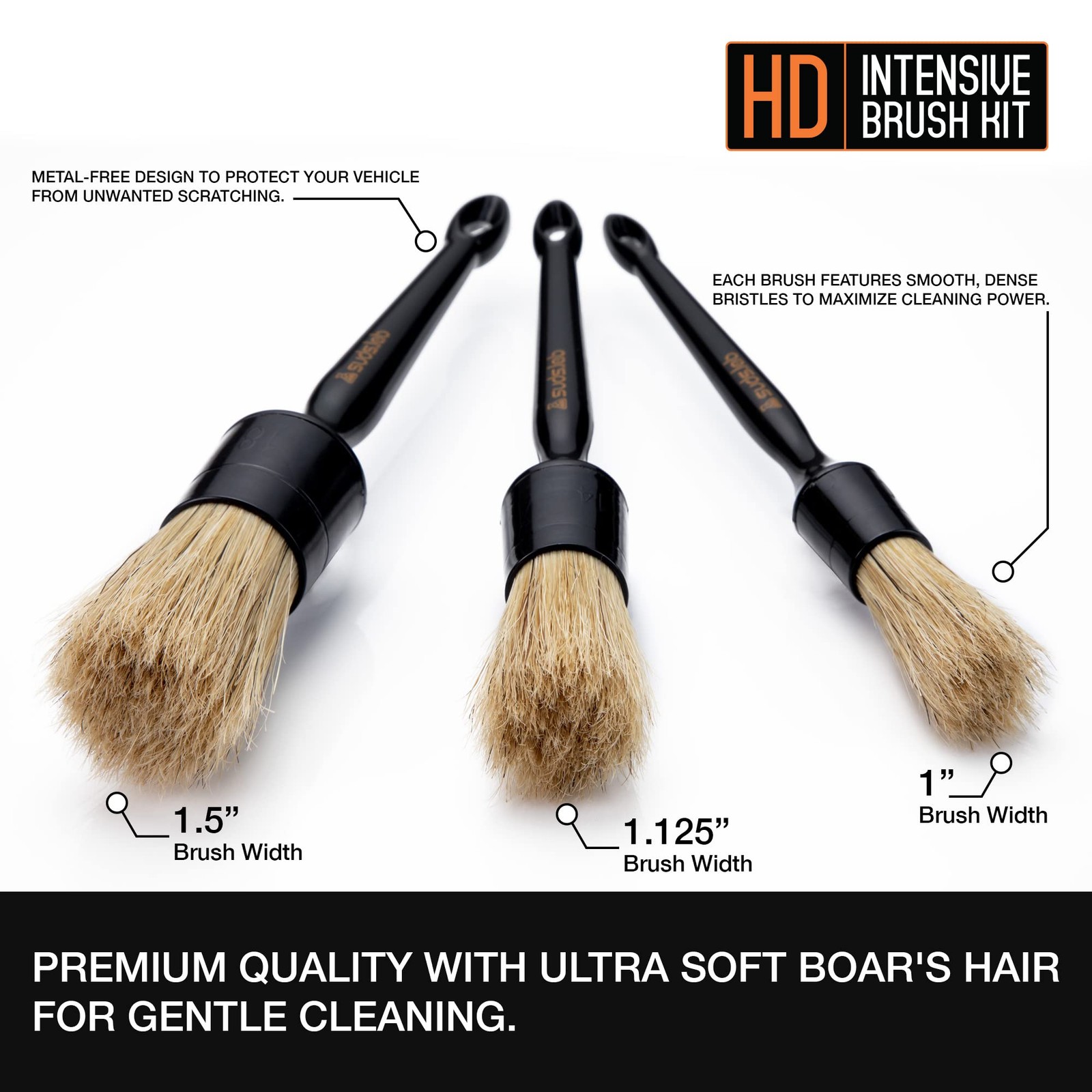 Suds Lab HD Intensive Car Detailing Brush Kit 3 PCS Boars Hair Scratch Free