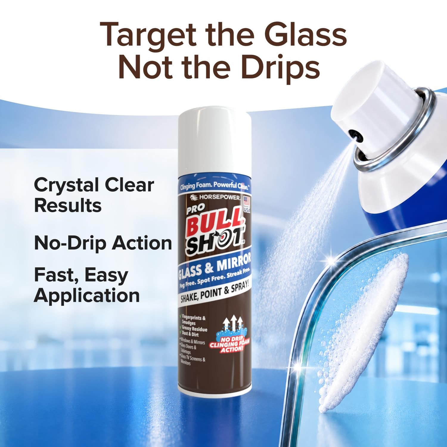 Bull Shot Glass & Mirror Cleaner, As Seen On TV, No-Drip Foaming Glass Cleane…