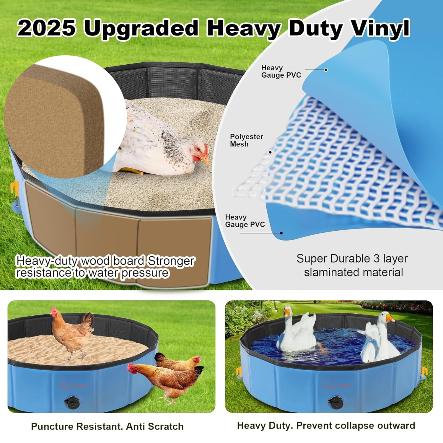 Chicken Dust Bath Tub (32” D * 8” H), Foldable Design, Extra-Tough PVC, Dust B