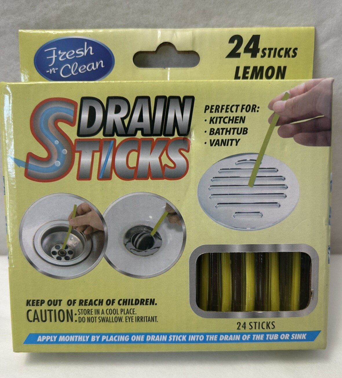 New Fresh -n- Clean Drain Odor Sticks Lemon Scent 2-PACK 48 Sticks Total