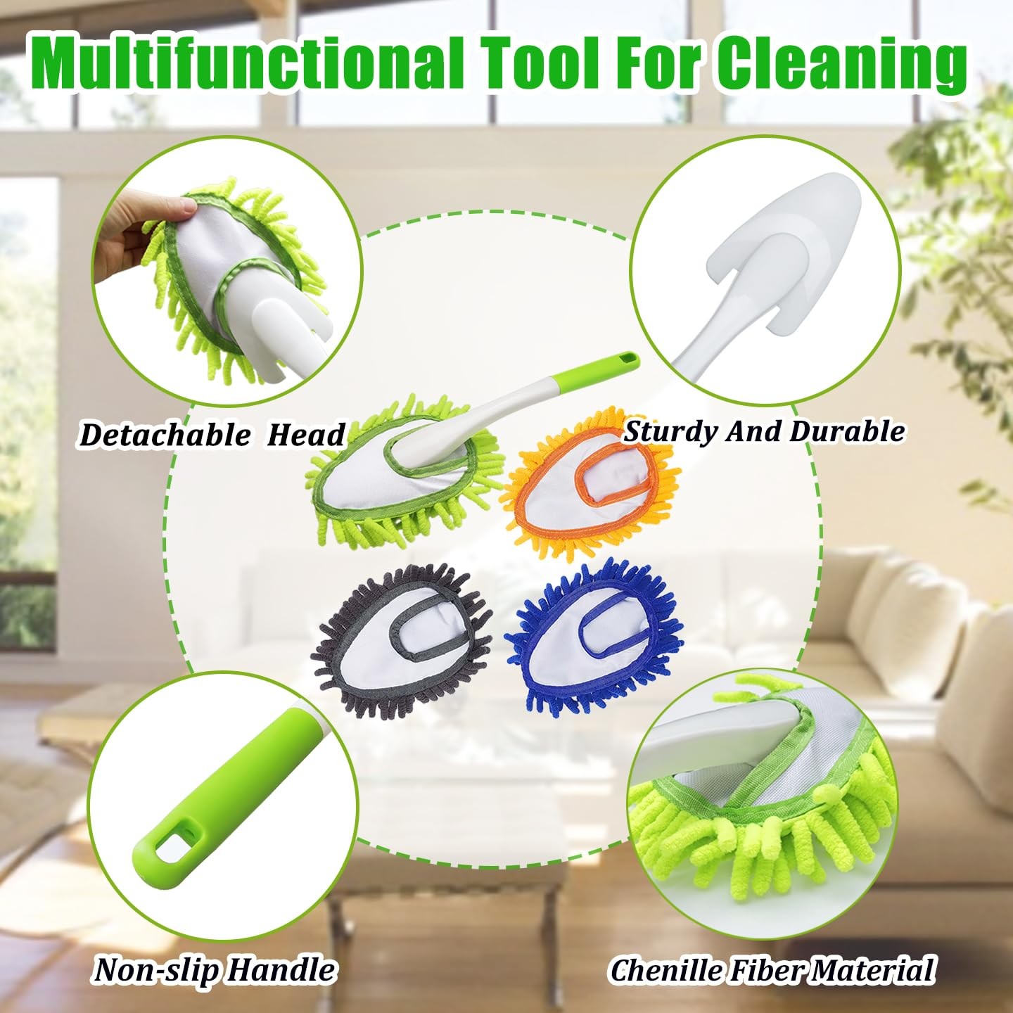 Microfiber Duster Cleaning Hand Washable Detachable 4 Replaceable Heads Wet Dry