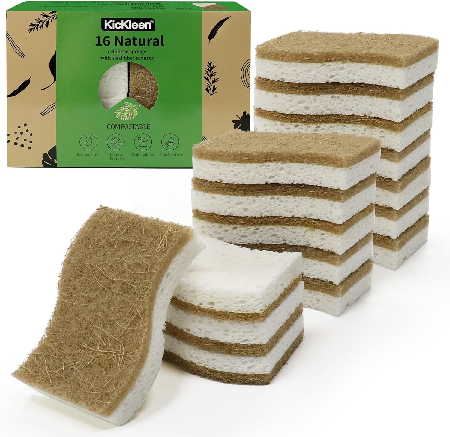 16 Pack Biodegradable Natural Kitchen Sponge – Compostable Cellulose and Coconut